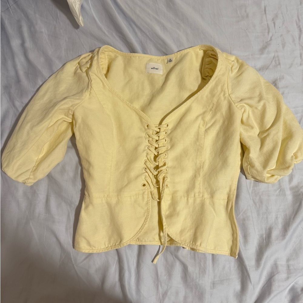 Aritzia Yellow Puff Sleeve Lace-Up Top